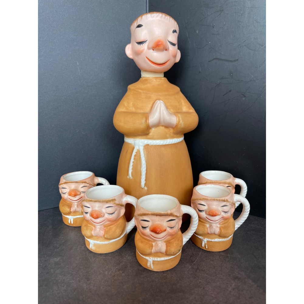 Lefton Vintage Praying Monk Decanter Set 6pc Tan Excellent Mid Century Friar